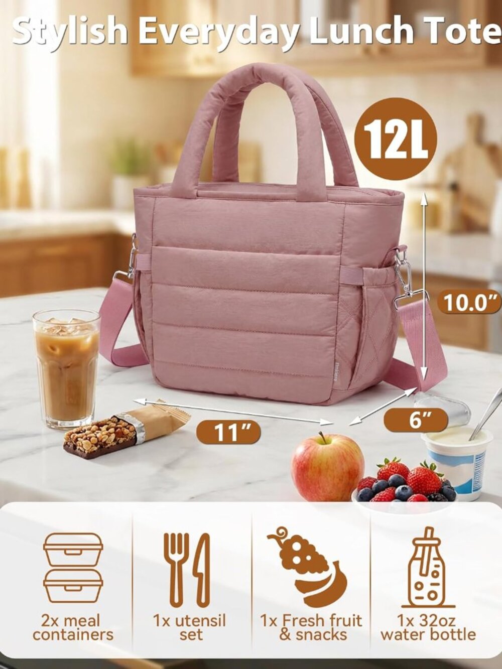 Insulated Lunch Box Tote Bag, 12L Stylish Puffer Soft Lunch Bag for Women, Leakp - Picture 3 of 8
